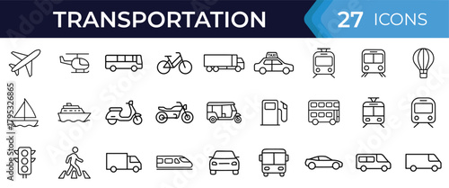 Transportation and vehicle glyph icon set. Vector symbols of travel, transit, logistics, car, train, bus, bicycle, boat, airplane black silhouette illustration