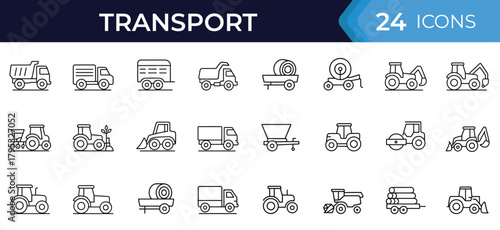 Agricultural and forestry vehicles line icon set, farm machinery, transport equipment, tractor, trailer, irrigation, grain, seed drill, silage, fertilizer thin linear vector