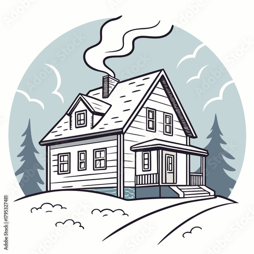 Cozy winter house on a snowy hill with smoke coming from the chimney
