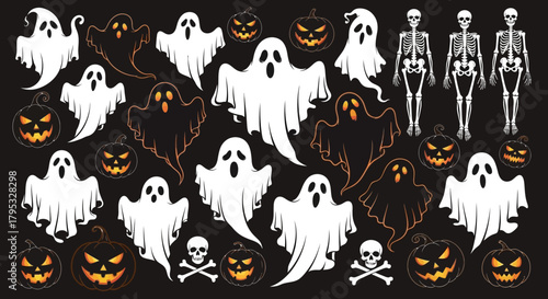Spooky Halloween Icons Ghosts, Skeletons, and Pumpkins on a Dark Background