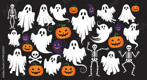 Celebrate the spooky season with a vibrant array of playful ghosts, grinning jack-o'-lanterns, and whimsical skeletons, ideal for Halloween party invitations and festive autumn designs