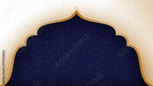 Islamic background template in blue and gold with mosque arch design. Luxury islamic background