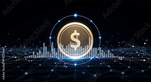 Glowing digital dollar coin symbol surrounded by futuristic financial data visualization.