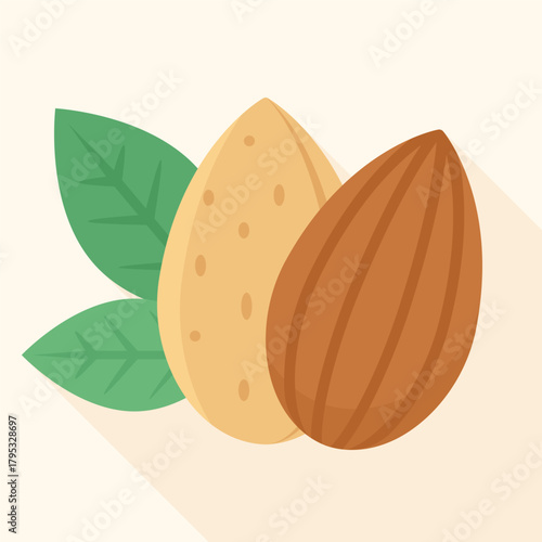 Almond nuts with and without shell with green leaves on cream background