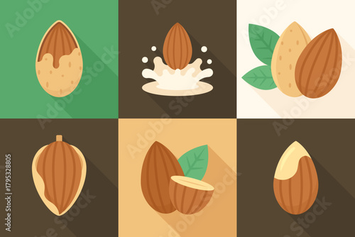 Assorted almond nuts with milk splash and green leaves