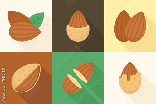 Collection of almond nuts and shells on brown and cream background