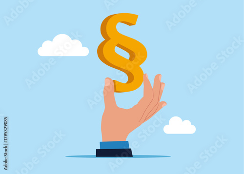 Legal problems concept. Advocate hand holding paragraph icon of justice. Vector flat illustration