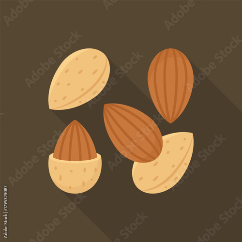 Multiple Almond Nuts and Shells Flat Vector Illustration
