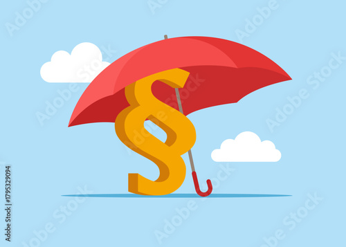 Insurance, protection. Lawyer and advocate services. Symbols of paragraph under umbrella. Employee happiness, job satisfaction, company benefit, positive attitude. Flat vector illustration