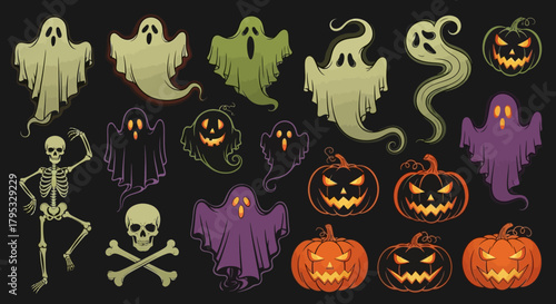 Spooky Halloween collection featuring diverse ghosts, glowing jack-o'-lanterns, and skeleton elements, perfect for festive holiday designs and party decorations