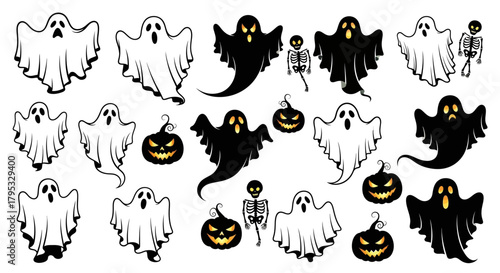 Halloween Spooky Ghosts, Pumpkins, and Skeletons Vector Collection