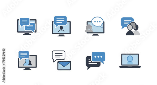 Online Communication Icons Representing Digital Interaction, Messaging, and Virtual Meetings in Design
