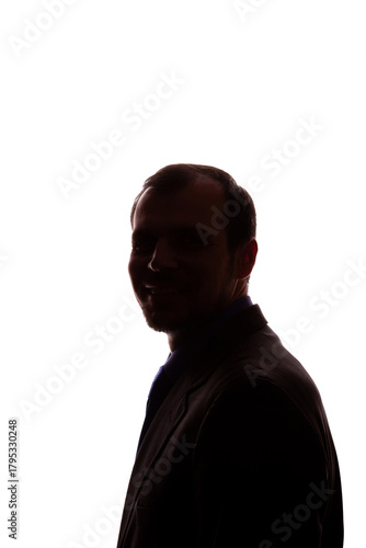 Smiling man young unshaven business clothes silhouette - white background isolate