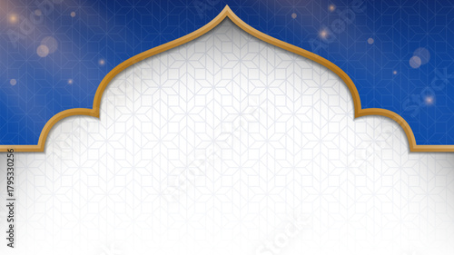 Islamic background design in blue white mosque arch and lantern design. Luxury islamic background