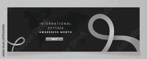 International Asthma Awareness Month in May: Gray Ribbon Banner with Subtle World Map on a Dark Gray Background