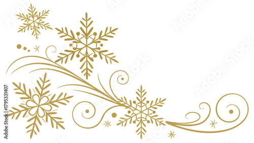 Elegant Gold Snowflakes and Swirls Vector Corner Ornament for  Winter Holiday Design