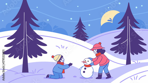 Two children building a small snowman in a magical snowy winter landscape at night with spruce trees and the moon