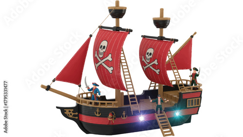 A detailed toy pirate ship model with red sails featuring white skull and crossbones symbols 
