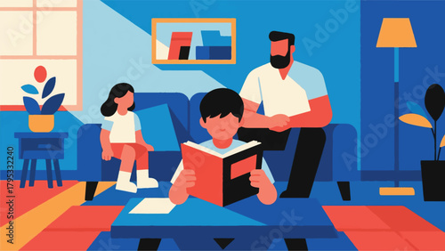 Illustration Of A Child Studying Under The Supervision Of His Parents Vector Design Template