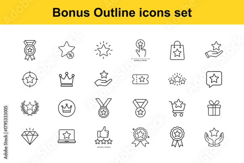 a collection of black and white outline icons depicting awards achievements and celebratory elements displayed on a light background
