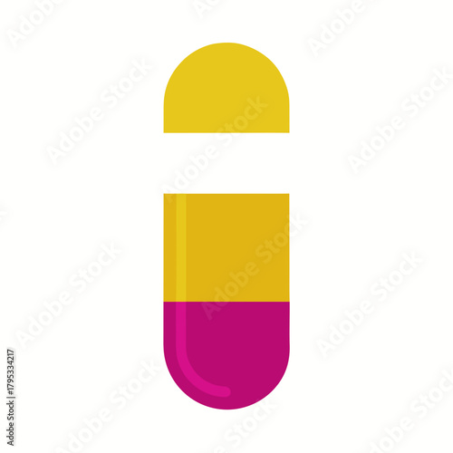 Stylized capsule pill with yellow and pink sections on white background