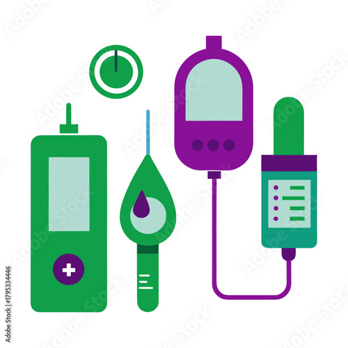 Flat design illustration of diabetes monitoring and treatment devices