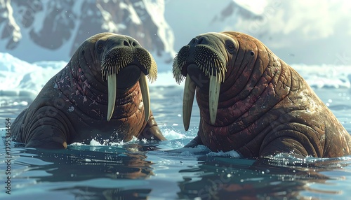 Fototapeta Naklejka Na Ścianę i Meble -  Two large walruses stand in icy water, mountains in background. Brown skin and long tusks visible