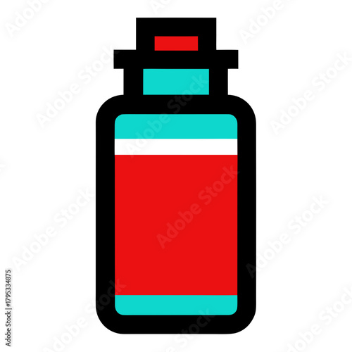 Simple flat icon of a red and turquoise liquid in a black outlined bottle