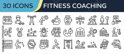 Collection of Fitness Coaching icons, related to Workout Plan, Personal trainer, Fitness App, Workout Time, Health Tracker and more. Outline icons vector illustation.