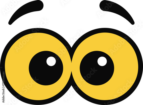 A pair of large, exaggerated cartoon eyes with yellow irises, black pupils, and thick, arched eyebrows, staring straight ahead.
