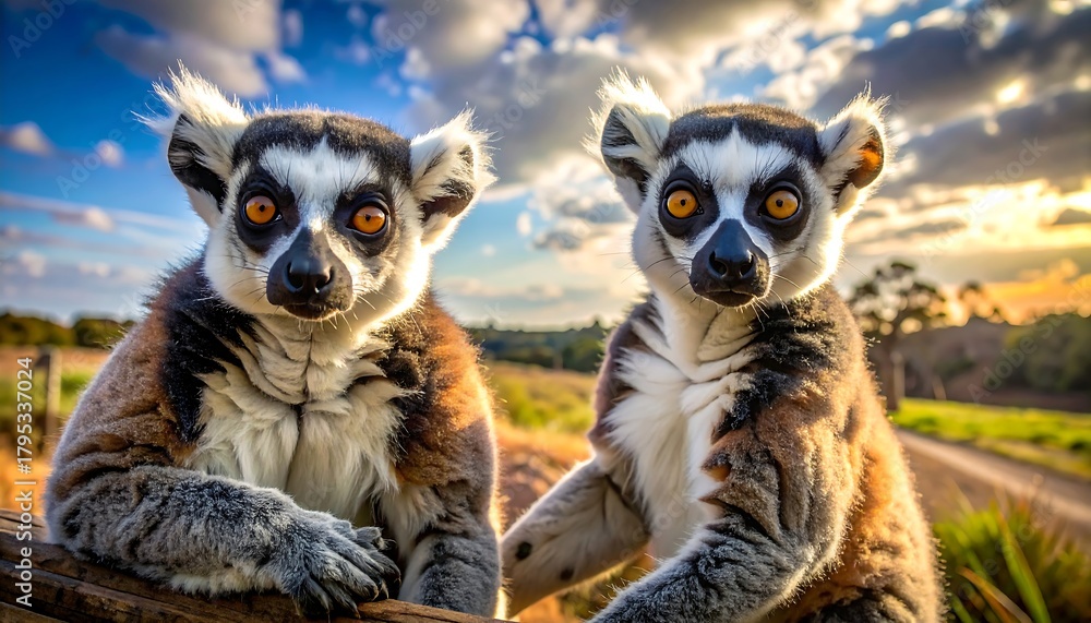Obraz premium Two lemurs with orange eyes sit atop a fence, posing against a sunny landscape with a blue sky and fluffy clouds