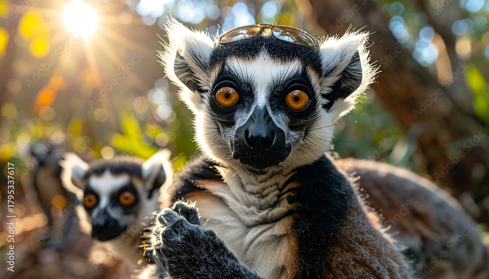 Obraz premium Two lemurs with striking orange eyes peer from the jungle foliage, bathed in a warm sunlit glow