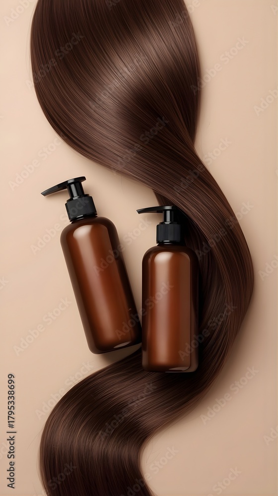 Fototapeta premium Stylish composition featuring two brown cosmetic bottles placed beside long, smooth brunette hair on a beige background.