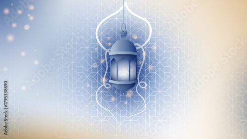 Islamic background in white and blue with blue lantern and line art of lantern design