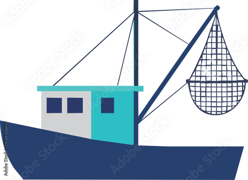 Detailed Fishing Boat with Net Illustration, Ready to Catch Some Fish, Perfect for Summer Vacation, Boating, Fishing or Ocean Adventure Themed Projects