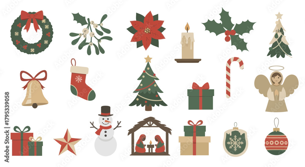 Fototapeta premium A diverse collection of traditional Christmas and winter holiday symbols. Includes vector illustrations of a nativity, tree, and gifts
