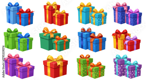 Gift Boxes Collection of Assorted Colorful Wrapping with Ribbons and Bows for Holidays and Celebrations