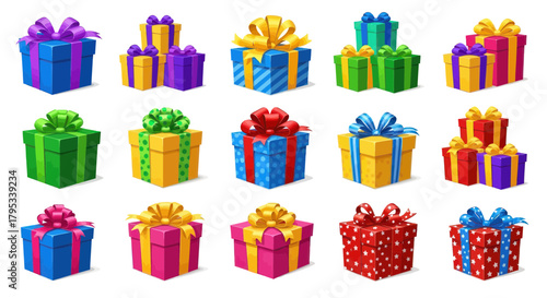 Vibrant assortment of beautifully wrapped gift boxes, adorned with colorful ribbons and bows, perfect for celebrating events and spreading joy