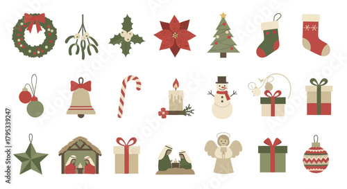 Festive Christmas holiday icons set featuring traditional decorations, seasonal symbols, and celebration elements for joyful graphic design