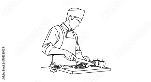 Vector of a man chopping vegetables on a cutting board, black and white, isolated, clean and modern outline style, perfect for cooking and culinary themes