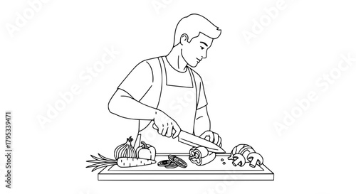 Vector of a man chopping vegetables on a cutting board, black and white, isolated, clean and modern outline style, perfect for cooking and culinary themes