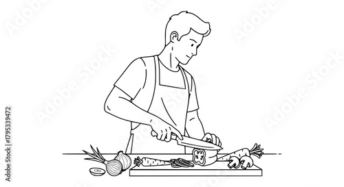 Vector of a man chopping vegetables on a cutting board, black and white, isolated, clean and modern outline style, perfect for cooking and culinary themes