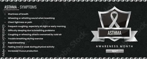 Asthma Symptoms List: Medical Information with Gray Ribbon Shield on a Dark Black Patterned Background