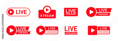 Live streaming icons, red play buttons, flat vector illustration