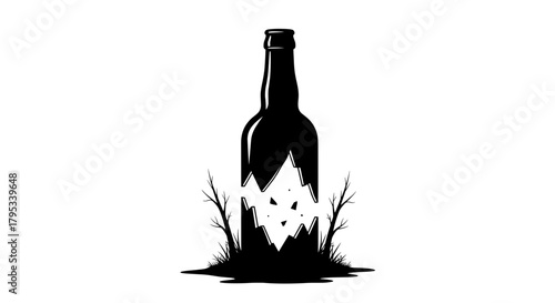 Broken bottle surrounded by grass and plants in silhouette style  