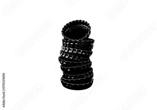 Stack of rusty bottle caps on transparent background