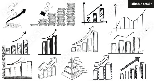Set of 13 hand-drawn growth and success icons. Doodle vector illustration of bar charts, graphs, and financial growth.