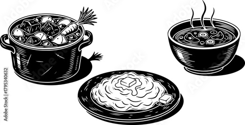 A black and white vintage-style illustration of hearty comfort food including stew, soup, and mashed potatoes.