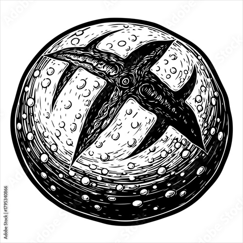 A detailed, hand-drawn black and white ink illustration of a round artisan sourdough bread loaf with a scored crust.