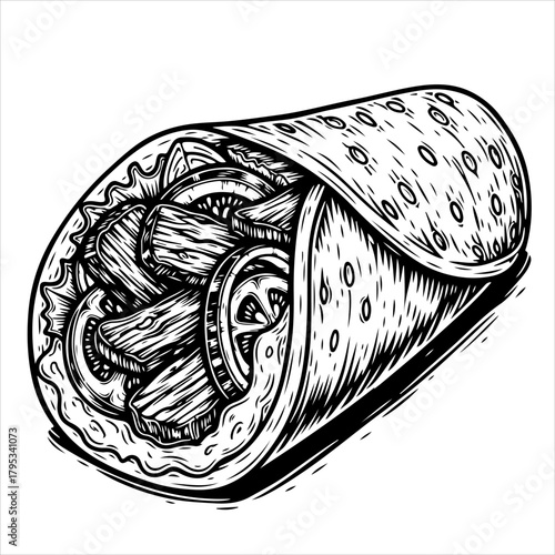 A detailed, hand-drawn black and white illustration of a burrito filled with meat and fresh vegetables.